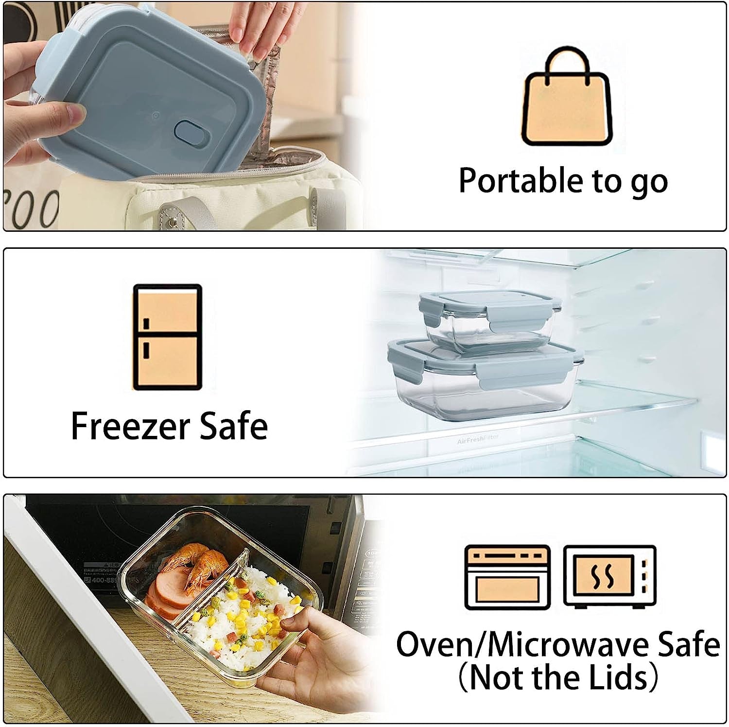 10 Pieces Glass Meal Prep Containers, Food Storage Containers with Lids Airtight, Glass Lunch Boxes, Microwave, Oven, Freezer and Dishwasher Safe 1040Ml and 410Ml
